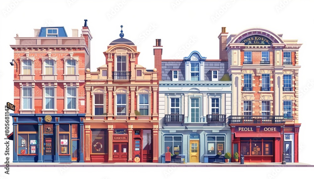 Fototapeta premium A illustration of four colorful building on a white background