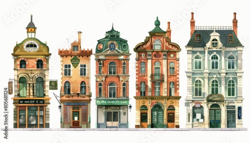 An illustration of five old classic buildings on a white background