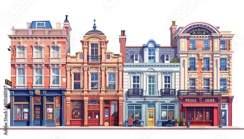 A illustration of four colorful building on a white background