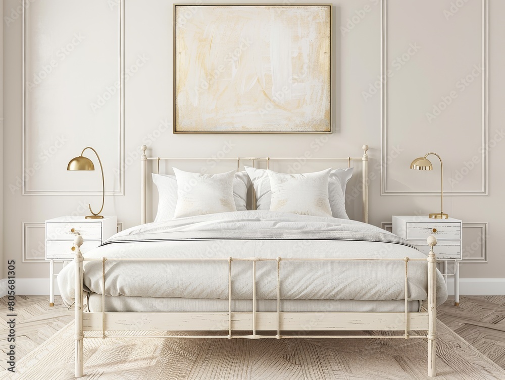 white obed frame with night stands, bedroom decor mockup, soft lighting, gold accents, soft beige abstract painting on the wall above it, white obed frame with night stands, bedroom decor mockup, soft lighting, gold accents, soft beige abstract painting on the wall above it,