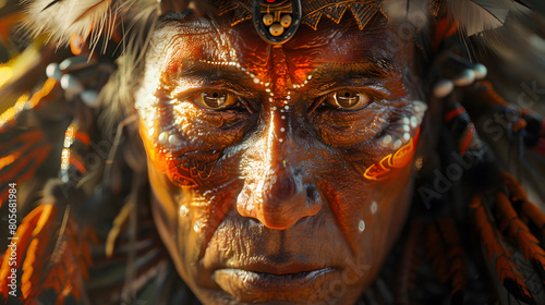 a close up of a man s face with feathers on his head