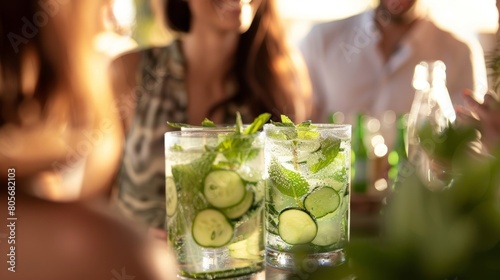 Guests enjoy lively conversation and laughter while sipping on refreshing sparkling water infused with cucumber and mint.
