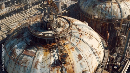 Zoomed-in shot of a large oil tank, featuring its detailed structure and industrial setting, emphasizing the essence of technological scale photo