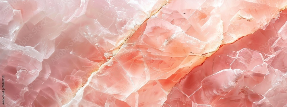 A closeup of rose quartz, a soft pink stone with subtle veins and highlights in peachy tones, against a light background. A closeup of rose quartz, a soft pink stone with subtle veins and highlights in peachy tones, against a light background.