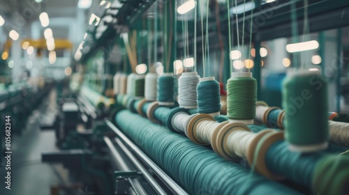 Industrial yarn production with a green twist, close-up on the eco-friendly machines and materials, in a bustling factory environment photo