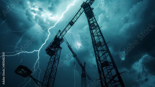 Industrial cranes in the grip of severe weather, emergency lights providing a beacon of hope, close-up on the power of human engineering photo