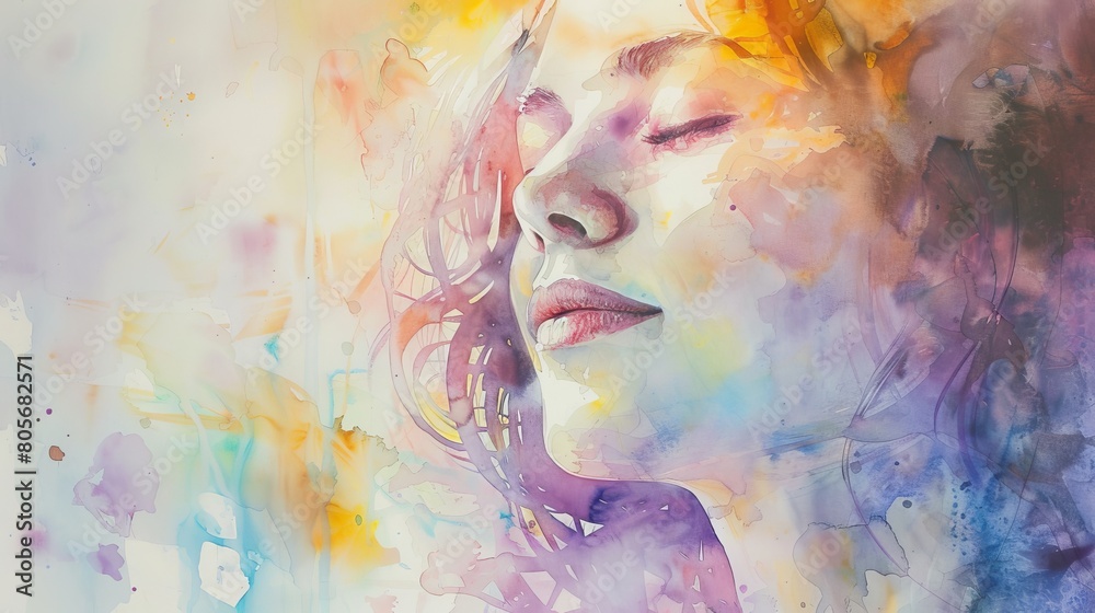 Fototapeta premium Emotional watercolor depicting a female singer with closed eyes, lost in the music, soft pastel tones evoking the mood of the melody