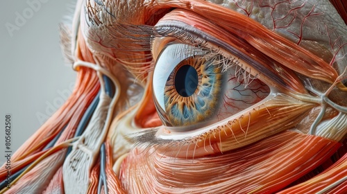 Detailed panorama of the eye's musculature, highlighting both intrinsic and extrinsic muscles, designed for scientific showcasing photo