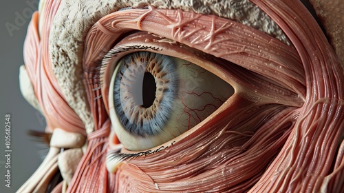 Complete 360-degree close-up of the eye's muscles, showing detailed textures and structures, ideal for anatomical demonstrations photo