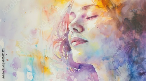 Emotional watercolor depicting a female singer with closed eyes, lost in the music, soft pastel tones evoking the mood of the melody