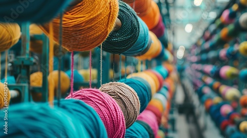 Close-up view of vibrant yarns being spun in an eco-friendly factory, showcasing industrial-scale green technology, dynamic angle