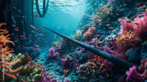 Close-up view of submarine cables amidst a vibrant coral reef, with diverse marine life swimming around, underwater clarity photo