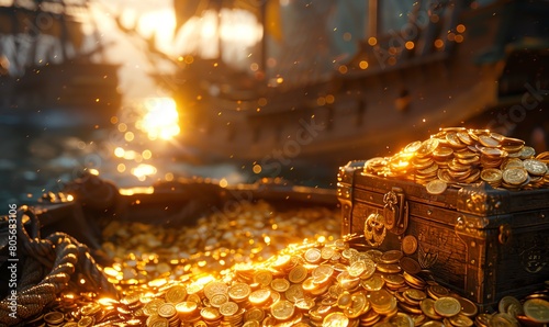 Gold coins spilling from a treasure chest, pirate ship background, adventurous photo