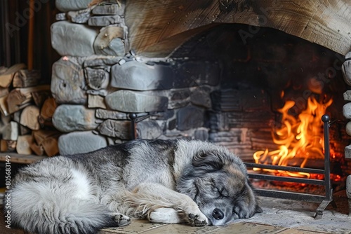 A serene scene of a fluffy gray dog napping beside a crackling fireplace in a rustic cabin