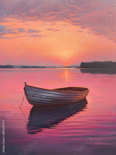 A romantic sunset over a calm lake, with a small wooden boat floating gently, surrounded by pink and orange hues