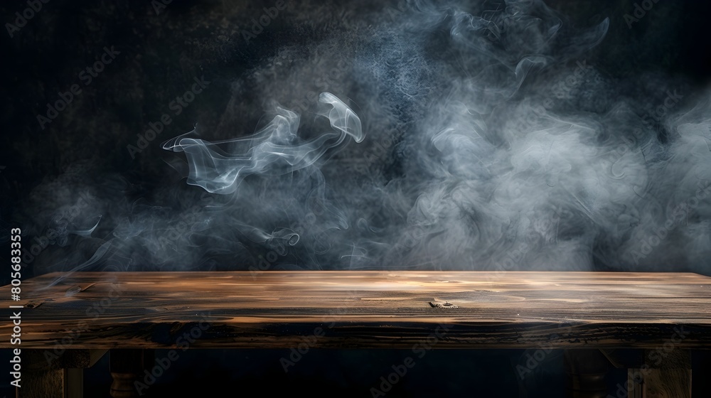Moody Atmospheric Smoke Floating on Wooden Table in Dark Setting Moody Atmospheric Smoke Floating on Wooden Table in Dark Setting