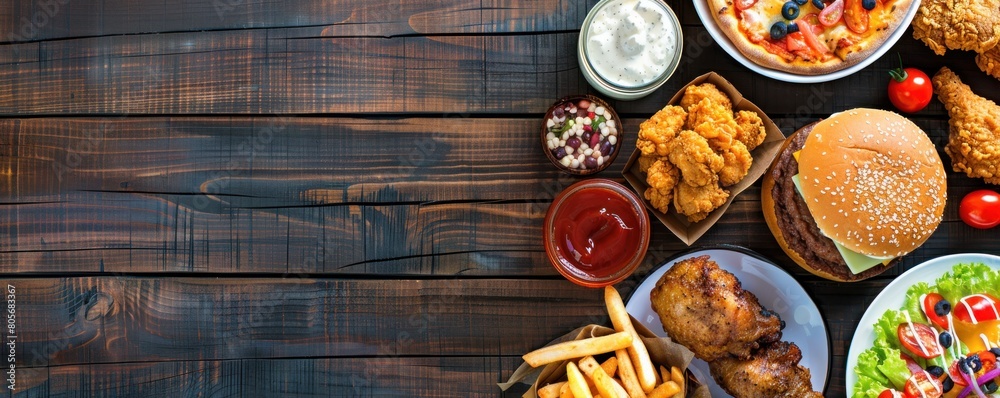 Various kinds of fast food on a wooden table Various kinds of fast food on a wooden table