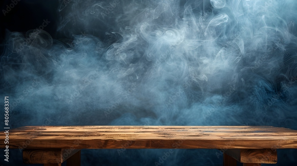 Elegant Wooden Table with Swirling Smoke Backdrop for Professional Product Photography