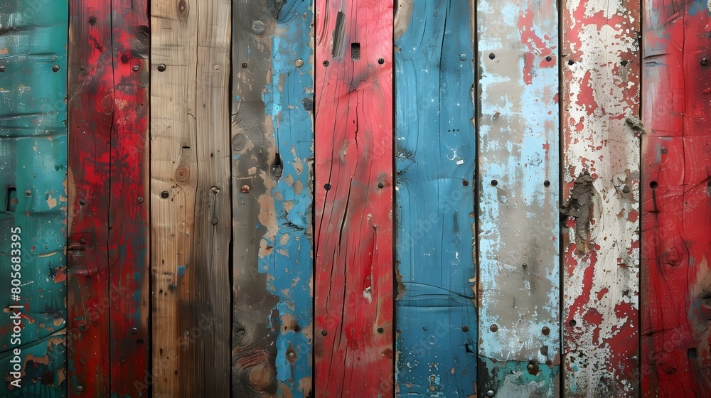 Vibrant Aged Wood Panels Backdrop with Rustic Distressed Multicolor Texture Vibrant Aged Wood Panels Backdrop with Rustic Distressed Multicolor Texture