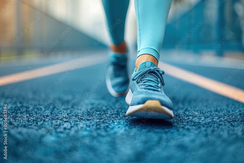 A young woman in blue leggings is walking on a running track. She is wearing blue sneakers and has her hair in a ponytail. The image is taken from a low angle and her legs are in focus A young woman in blue leggings is walking on a running track. She is wearing blue sneakers and has her hair in a ponytail. The image is taken from a low angle and her legs are in focus