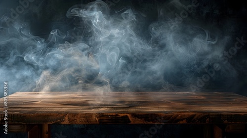 Mysterious Ethereal Smoke Billowing Over Rustic Weathered Wooden Table in Moody Atmospheric Setting