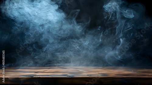 Ethereal Smoke Floating Above Wooden Surface in Dramatic Dark Backdrop