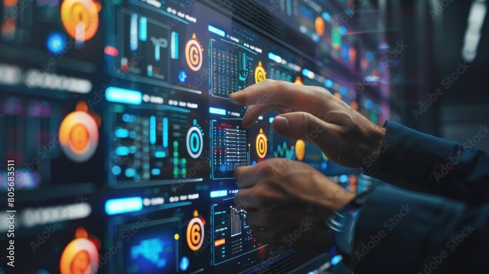 hand of man operating monitor network system via digital control panel in data center hand of man operating monitor network system via digital control panel in data center