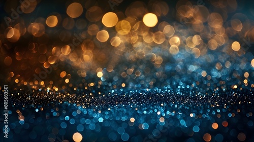 Shimmering abstract background of golden,blue,and black defocused glitter lights photo
