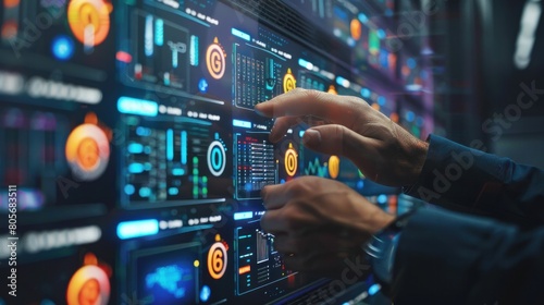 hand of man operating monitor network system via digital control panel in data center photo