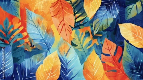 Stylized watercolor of abstract tropical leaves, their forms simplified and colors intensified to create a modern, vibrant rug design photo