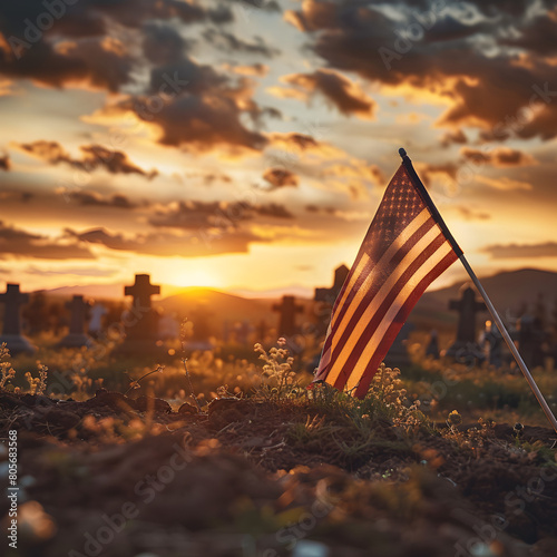 American flag at a cemetery of fallen US soldiers, a Memorial Day and Veterans Day concept