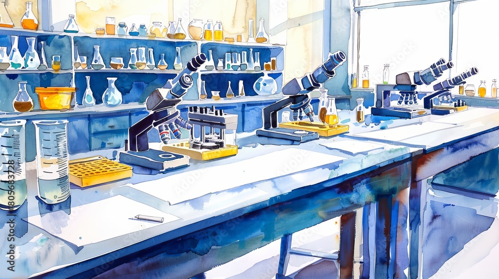 Vibrant watercolor showing an empty science lab, desks equipped with microscopes and beakers, ready for discovery, on a clean white background