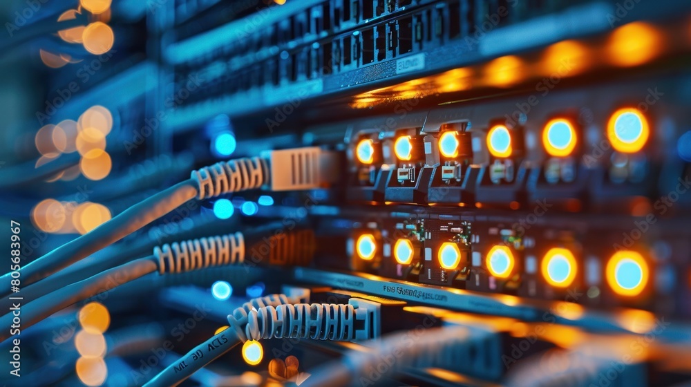 Many network switch hubs and ethernet cable in rack cabinet. Network connection technology and has a status LED to show working status Many network switch hubs and ethernet cable in rack cabinet. Network connection technology and has a status LED to show working status