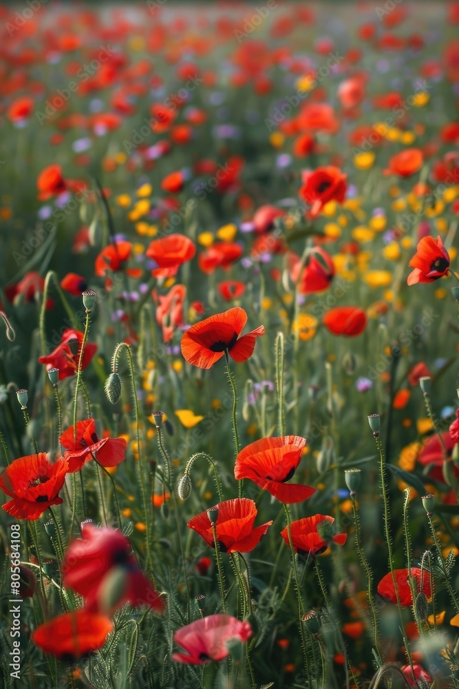 Seamless pattern with summer poppy field flowers. Vector graphics.