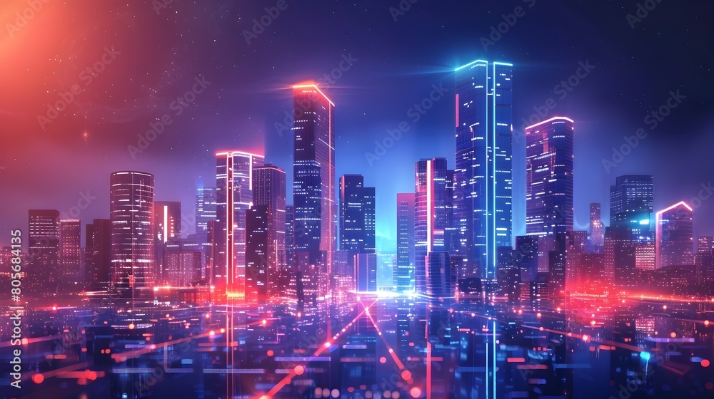 Futuristic Urban Cityscape with Neon Lights and Technological Advancements Illuminating the Skyline