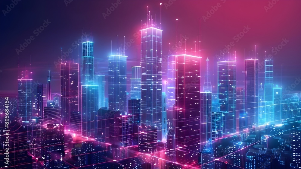 Glowing Futuristic Urban Landscape with Towering Skyscrapers and Vivid Neon Lighting in Nighttime Cityscape Glowing Futuristic Urban Landscape with Towering Skyscrapers and Vivid Neon Lighting in Nighttime Cityscape