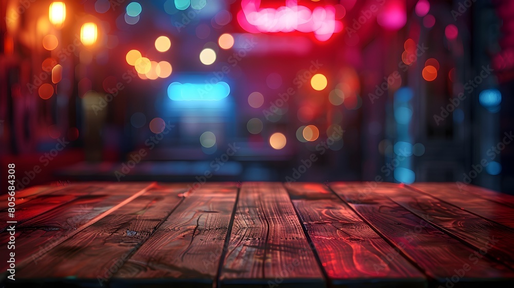 Illuminated Wooden Table with Vibrant Neon Backdrop in Captivating Night Scene Illuminated Wooden Table with Vibrant Neon Backdrop in Captivating Night Scene
