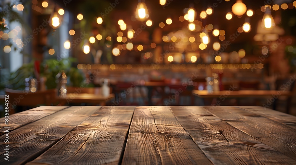 Cozy Wooden Tabletop with Festive Bokeh Lighting in Blurred Restaurant Setting Cozy Wooden Tabletop with Festive Bokeh Lighting in Blurred Restaurant Setting