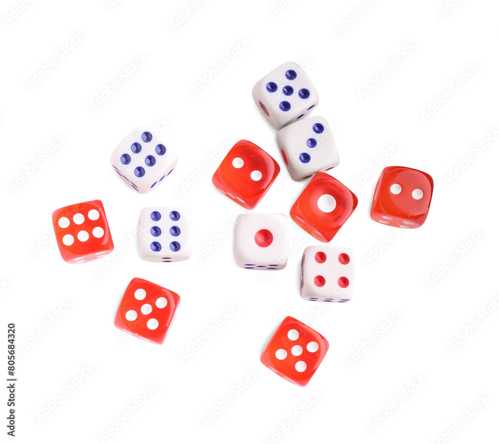 Many color game dices isolated on white, top view Many color game dices isolated on white, top view