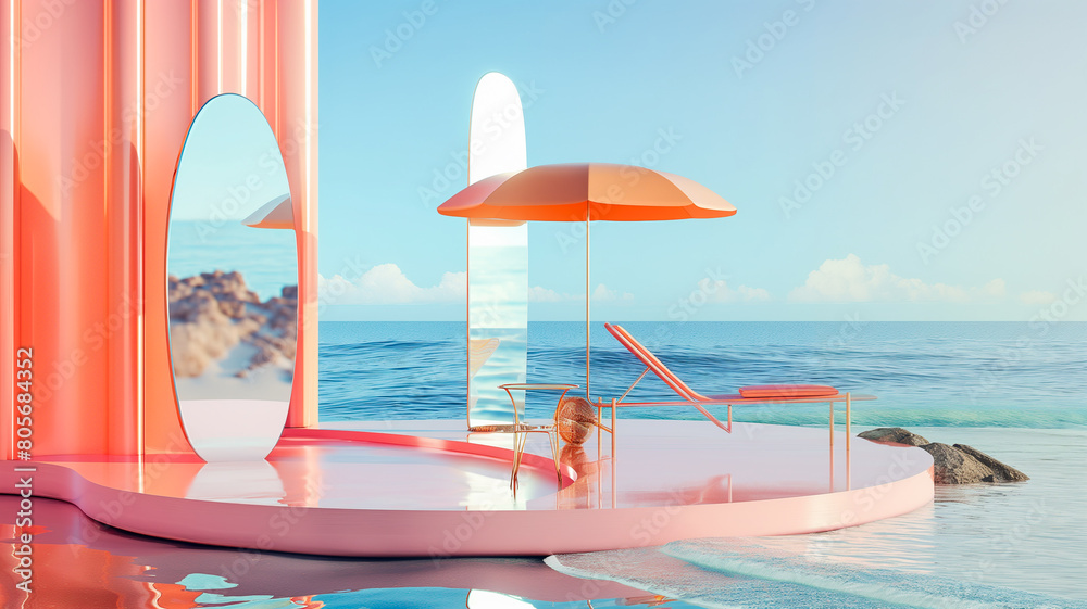 podium Summer 3d polygon , sand beach, umbrella, beach chair, ball, flowers, metamorphosing elements podium Summer 3d polygon , sand beach, umbrella, beach chair, ball, flowers, metamorphosing elements