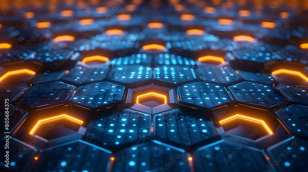 Obraz premium Glowing Hexagonal Futuristic Digital Background with Illuminated Technological Patterns and Graphic Structures