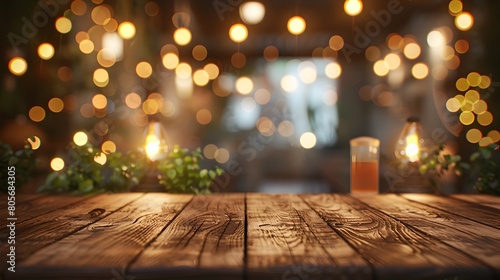 Cozy Wooden Table with Festive Bokeh Lights on Blurred Restaurant Background