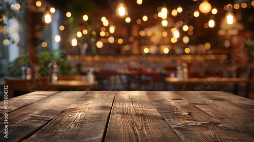 Cozy Wooden Tabletop with Festive Bokeh Lighting in Blurred Restaurant Setting