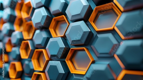 Photo of Interconnected Blue and Orange Hexagonal Abstract 3D Geometric Background Pattern