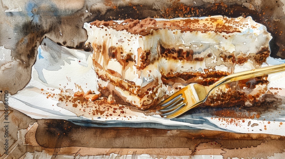 Watercolor of Italian tiramisu, close-up on the creamy layers with a gold fork piercing through, set against a rustic wooden table