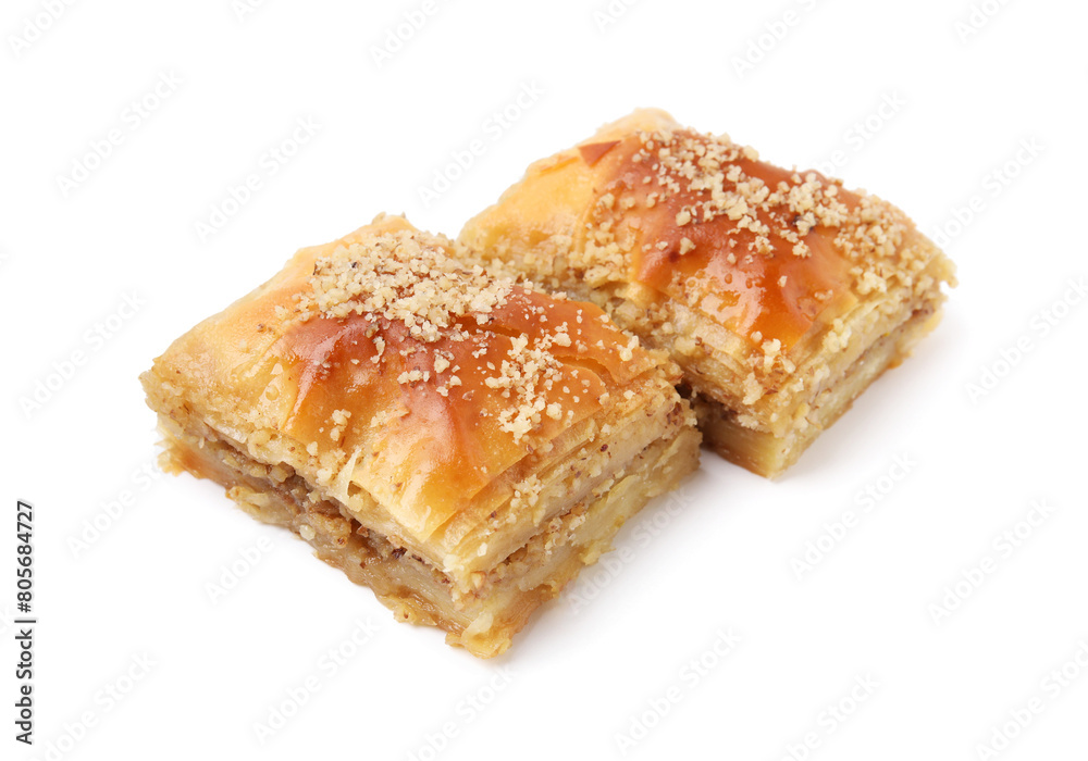 Eastern sweets. Pieces of tasty baklava isolated on white