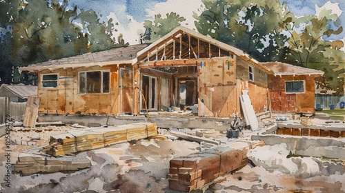 Watercolor painting of a partially built suburban home  the open walls and materials scattered about  depicting the promise of new beginnings