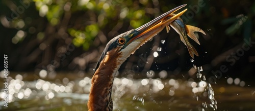 Portrait of a purple heron catching fish in the lake