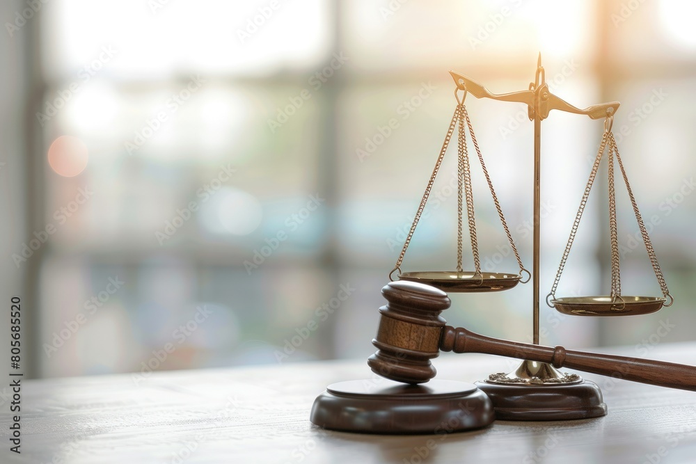 Photo of a wooden gavel and scales on a table with a blurred background. Generate AI image Photo of a wooden gavel and scales on a table with a blurred background. Generate AI image