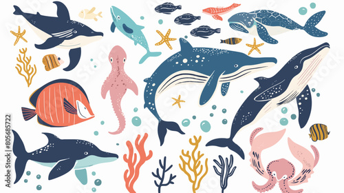Hand draw abstract sea animals flat icon